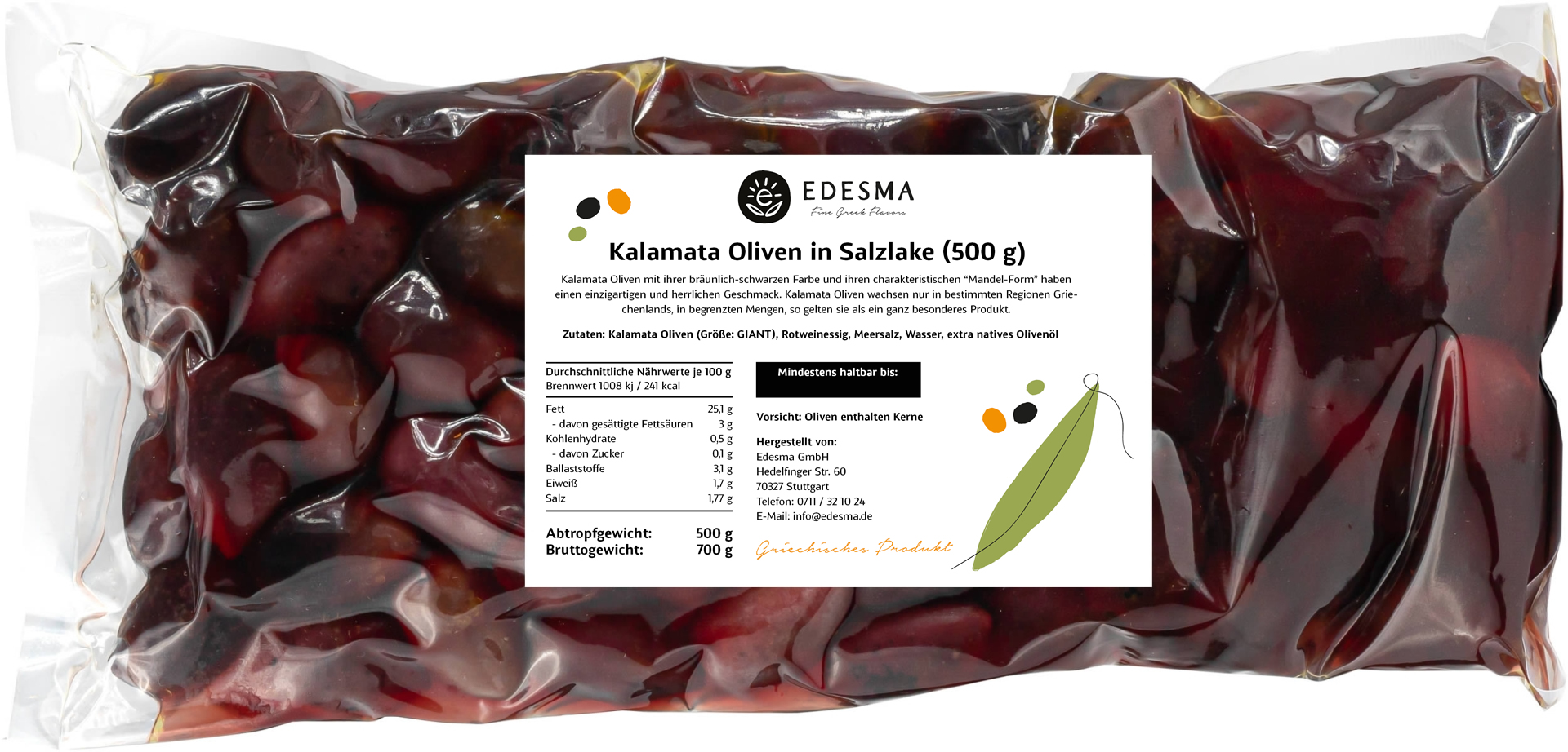 EDESMA Kalamata Oliven in Salzlake eingelegt 500 g EDESMA Kalamata Oliven in Salzlake eingelegt 500 g