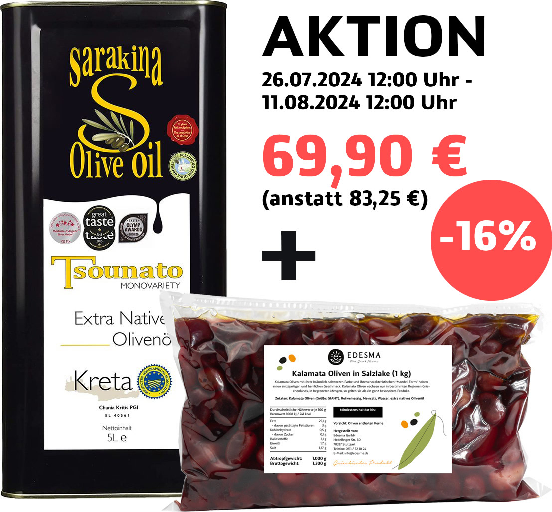 Aktion: Sarakina - Extra natives Olivenöl 5 l + EDESMA Kalamata Oliven in Salzlake 1 kg