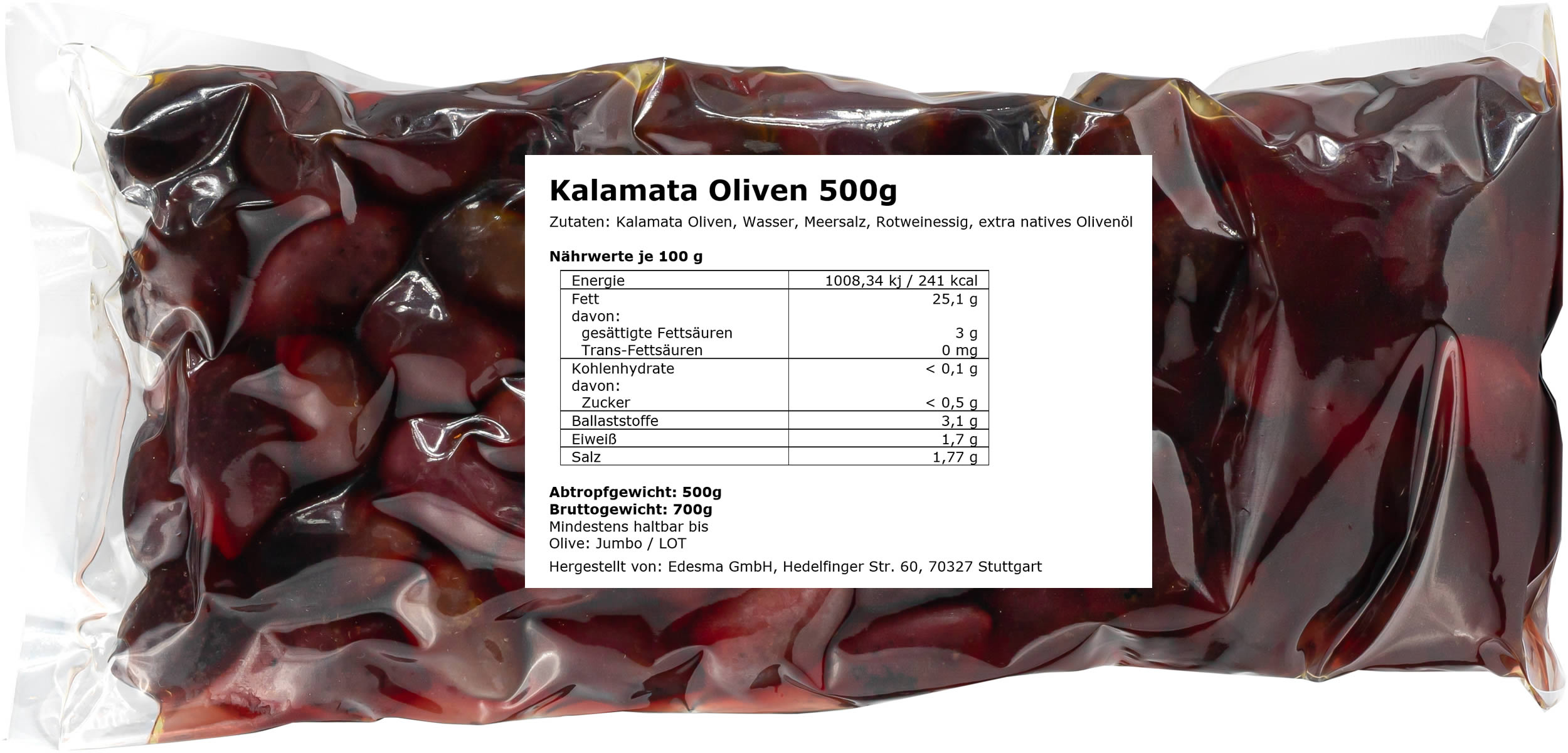 EDESMA Kalamata Oliven in Salzlake eingelegt 500 g
