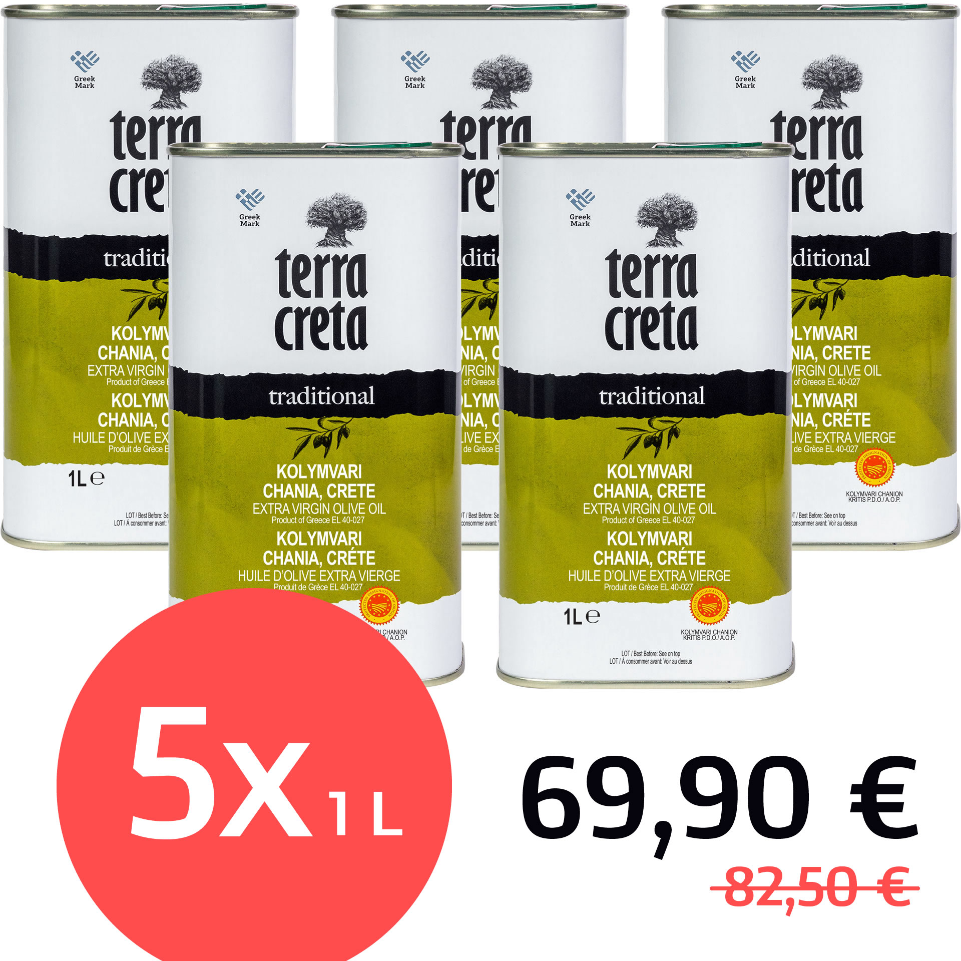 SALE - Terra Creta - Extra natives Olivenöl "traditional" g.U. (5 x 1 Liter Kanister)