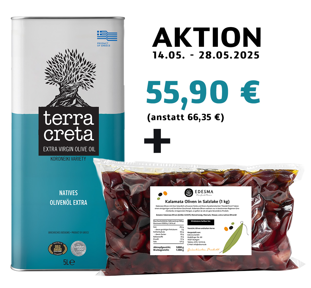 Aktion: Terra Creta - Extra natives Olivenöl EVOO  5 l + EDESMA Kalamata Oliven in Salzlake 1 kg