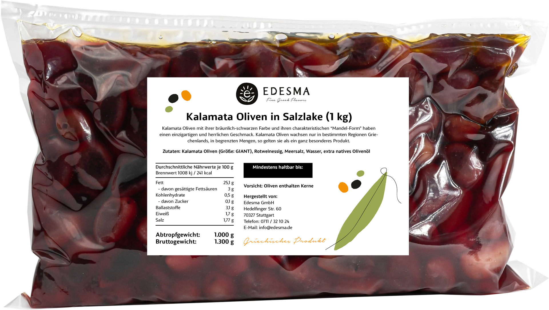 EDESMA Kalamata Oliven in Salzlake eingelegt 1 kg EDESMA Kalamata Oliven in Salzlake eingelegt 1 kg